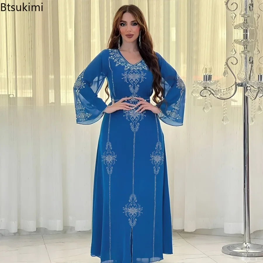 2026 Saudi Arabia Dubai Fashion Diamond Dress Women Muslim Dresses Abaya Chiffon Robe Middle Eastern Women's Clothing Maxi Dress