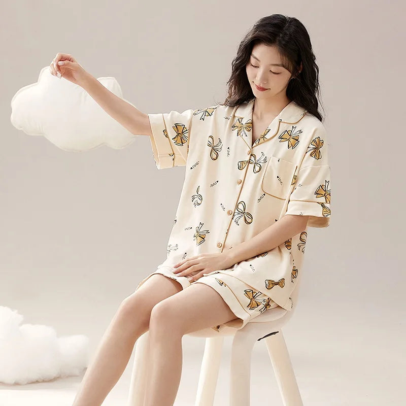 Dropshipping Female Pijamas Cartoon Summer Short Women Pajamas Sleeve Shorts Nightwear Sweet Sleepwear Pyjamas Woman Home Suit