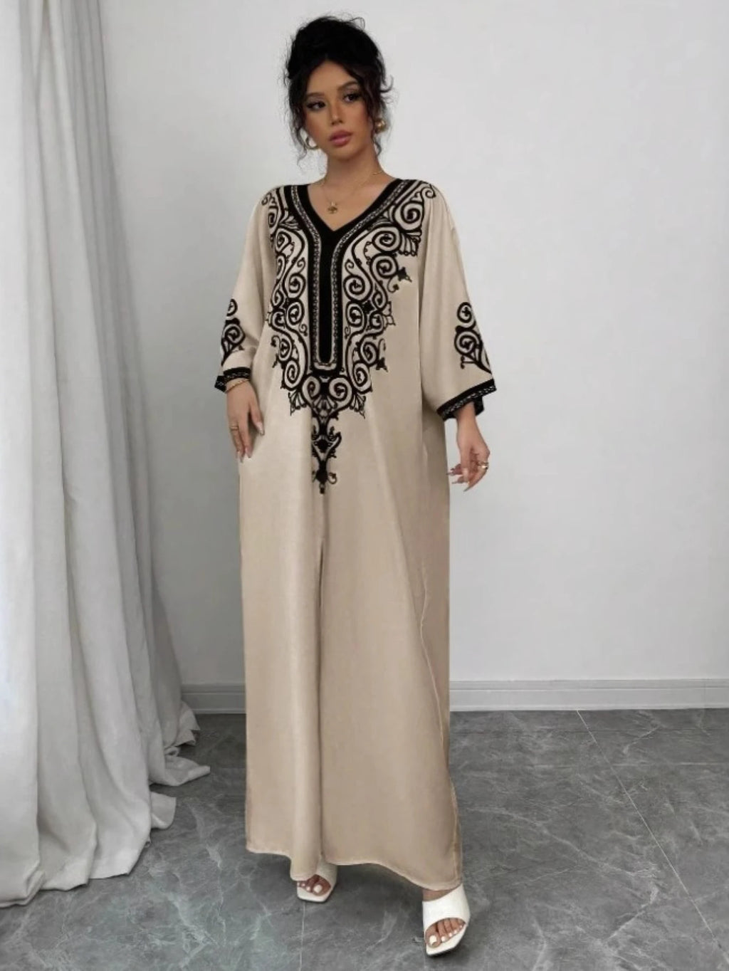 Eid Women Dress Muslim Abaya V Neck Loose Robe Party Jalabiya Ramadan Long Dresses  Vestidos Largos Kaftan Arab Morocco Kaftan