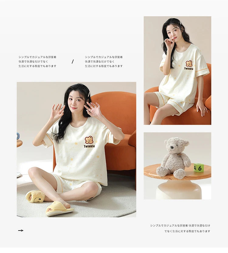 Female Summer Pijamas Short Women Cotton Pajamas Sleeve Shorts Nightwear Sweet Sleepwear Cartoon Pyjamas Woman Home Suit