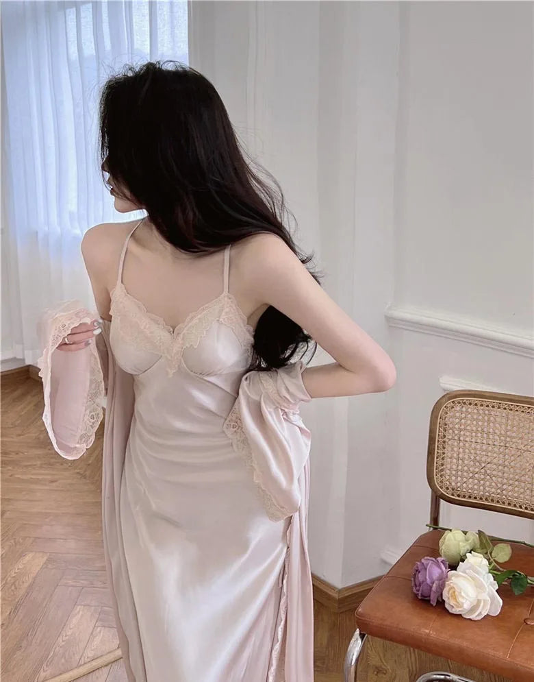 Sexy Ladies Silk Homewear French Pajamas Women's Spring And Fall Senior Ice Silk Extra-long Nightgown Wedding Bride Robe
