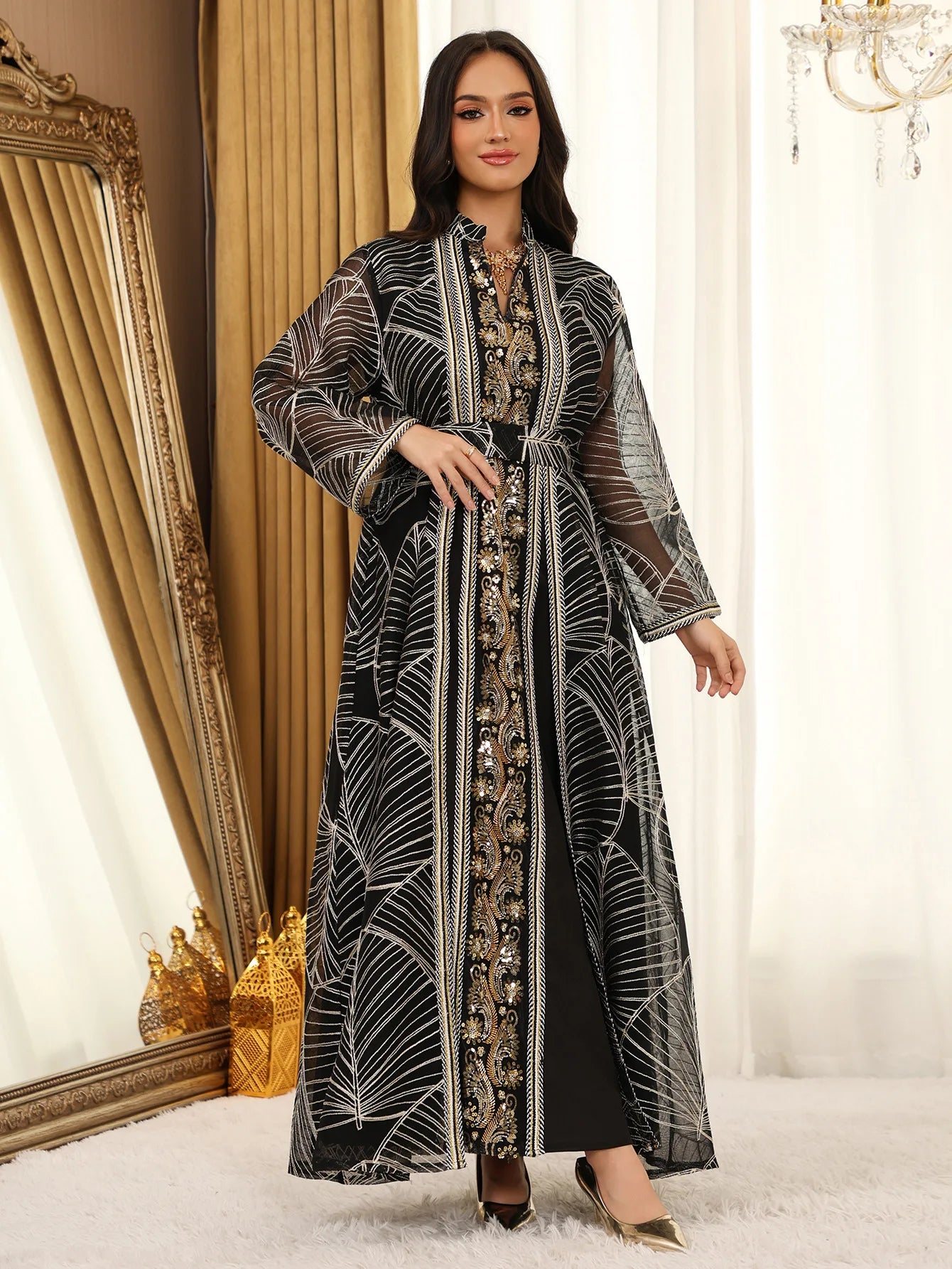 Women Mesh Sequins Dress Elegant Abaya  Eid Party Gorgeous Embroidery Dresses Lace-up Muslim Jalabiya  Vestidos Largos Robe 2025