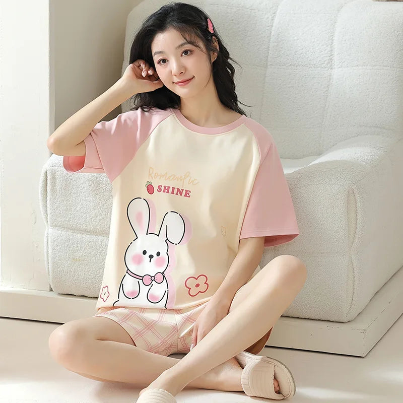 Female Summer Pijamas Short Women Cotton Pajamas Sleeve Shorts Nightwear Sweet Sleepwear Cartoon Pyjamas Woman Home Suit