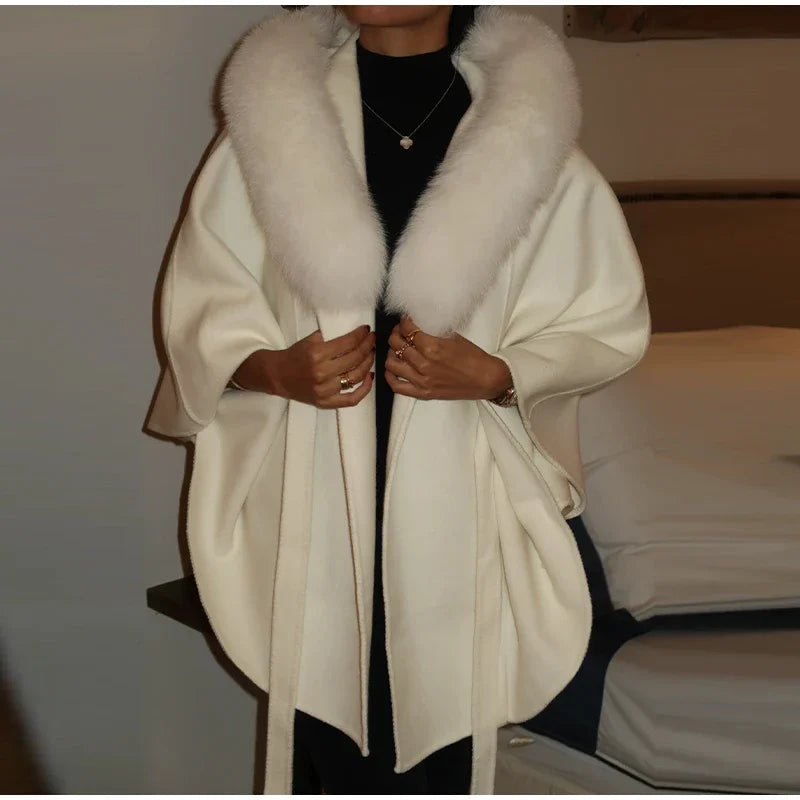 Elegant Fur Shawl Women's Coat Long Sleeve Patchwork Woolen Lace Up V-neck Solid Female Coats 2025 Autumn Winter Lady Jackets