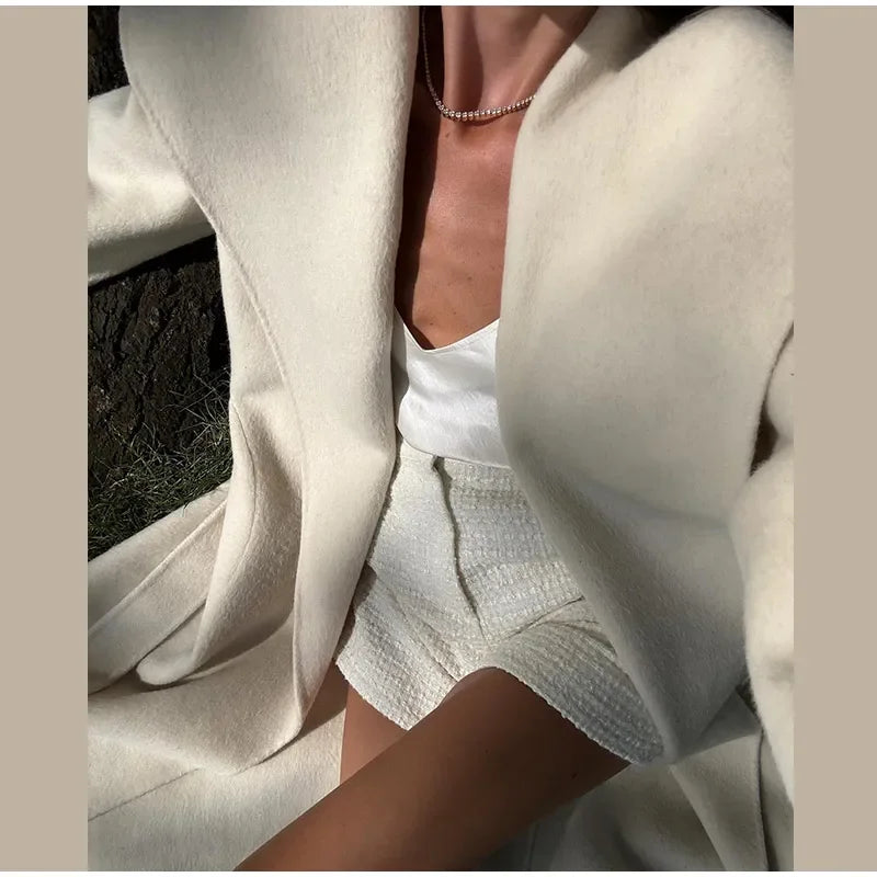 Solid Large Lapel Belted Long Woolen Women Coat Elegant Full Sleeve Lace Up Overcoat  2025 Autumn Winter Wrap Style Outerwear