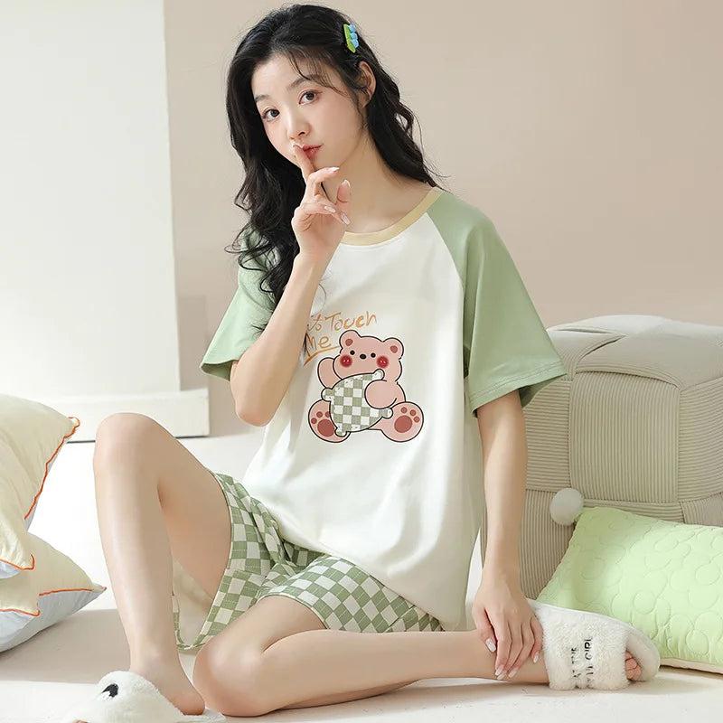 Female Summer Pijamas Short Women Cotton Pajamas Sleeve Shorts Nightwear Sweet Sleepwear Cartoon Pyjamas Woman Home Suit