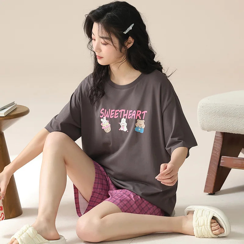 Female Summer Pijamas Short Women Cotton Pajamas Sleeve Shorts Nightwear Sweet Sleepwear Cartoon Pyjamas Woman Home Suit