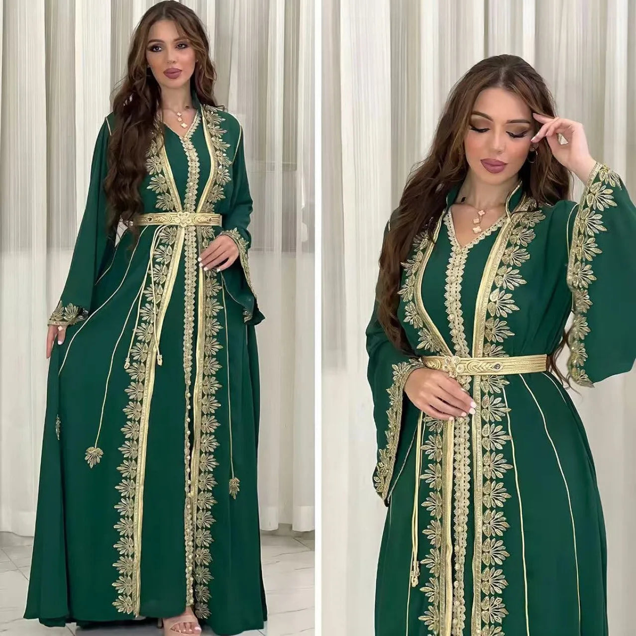 Dress Suit Women Eid Muslim Abaya Party Dresses 2 Piece Sets Embroidery Sashes Ramadan Dubai Kaftan Vestidos Jalabiya Long Robe