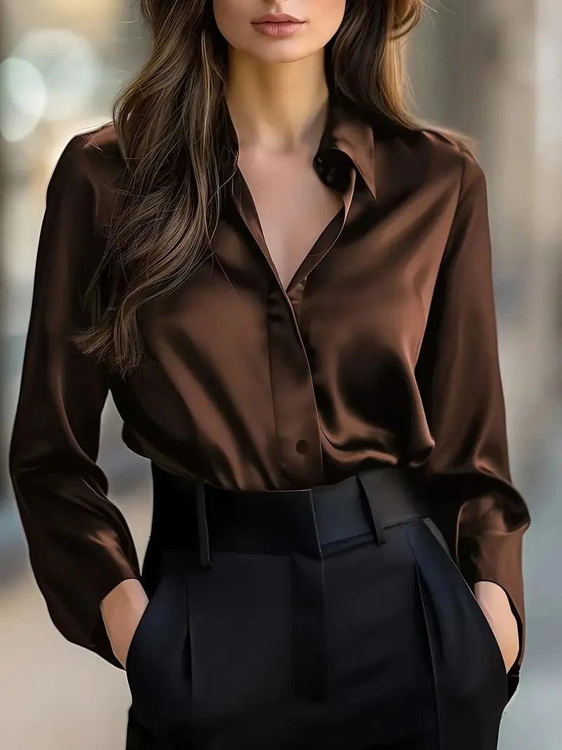 Elegant  Satin Long Sleeve Blouse for Women   Button-Up Collar Shirt Perfect for Casual or Professional Wear