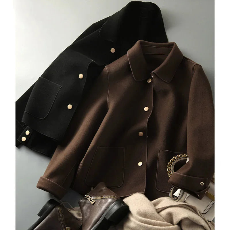 Double-Sided Woolen Short Coat Women's Suiting Jacket Autumn Winter New Style Turn-down Collar New Top Polyester Fiber