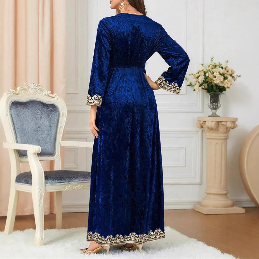 SuperAen Fashion Autumn and Winter New Dress Velvet Fashionable Elegant V-neck Pullover Long A-line Dresses