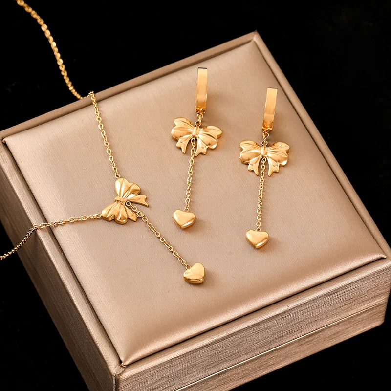 EILIECK 316L Stainless Steel Gold Color Heart Star Flower Necklace Earrings Set For Women Trendy Waterproof Jewelry Holiday Gift