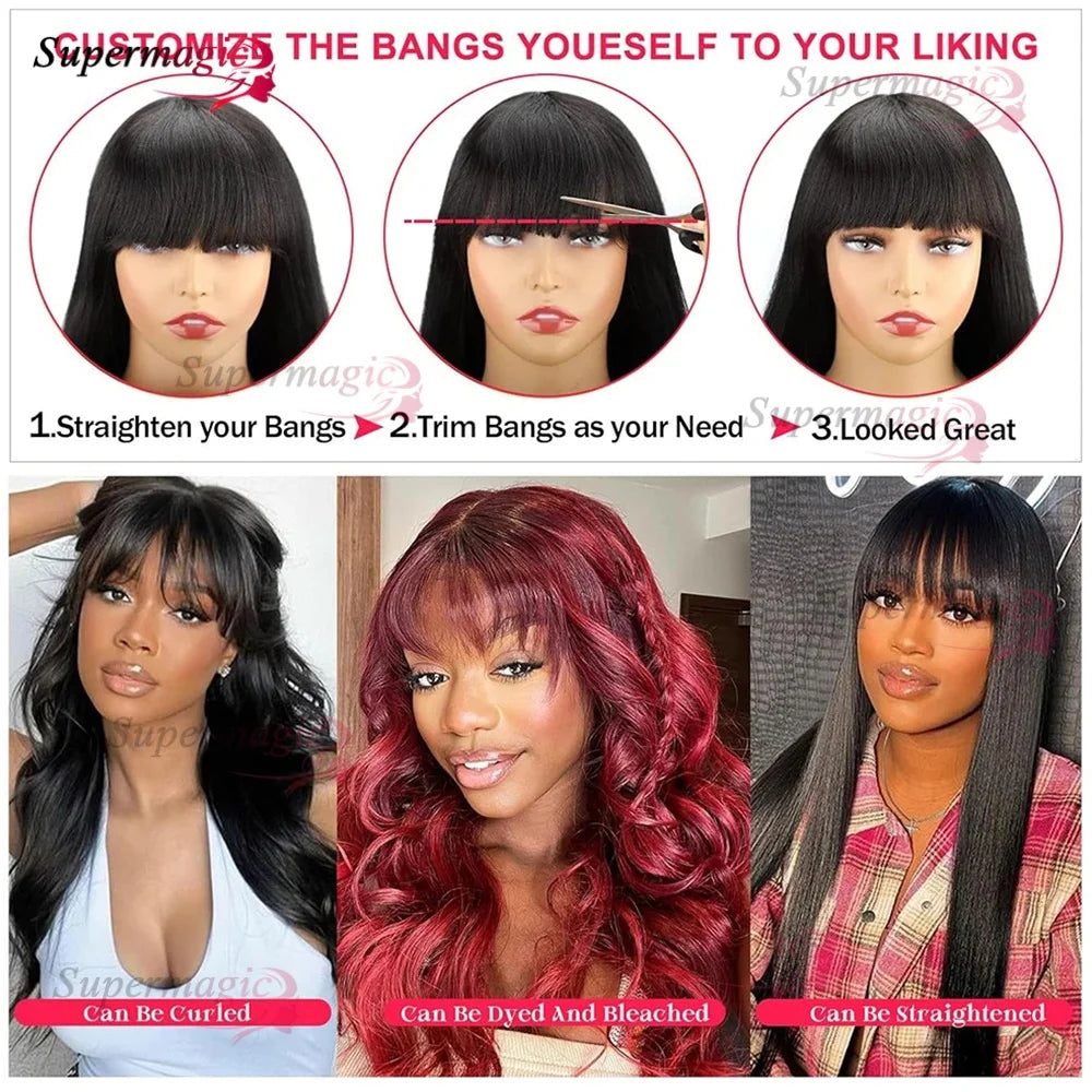 Raw Indian Bone Straight Human Hair With Bangs 4x4 Lace Middle Part Wigs For Black Women Brazilian 30 32 Inch Cheap Glueless Wig