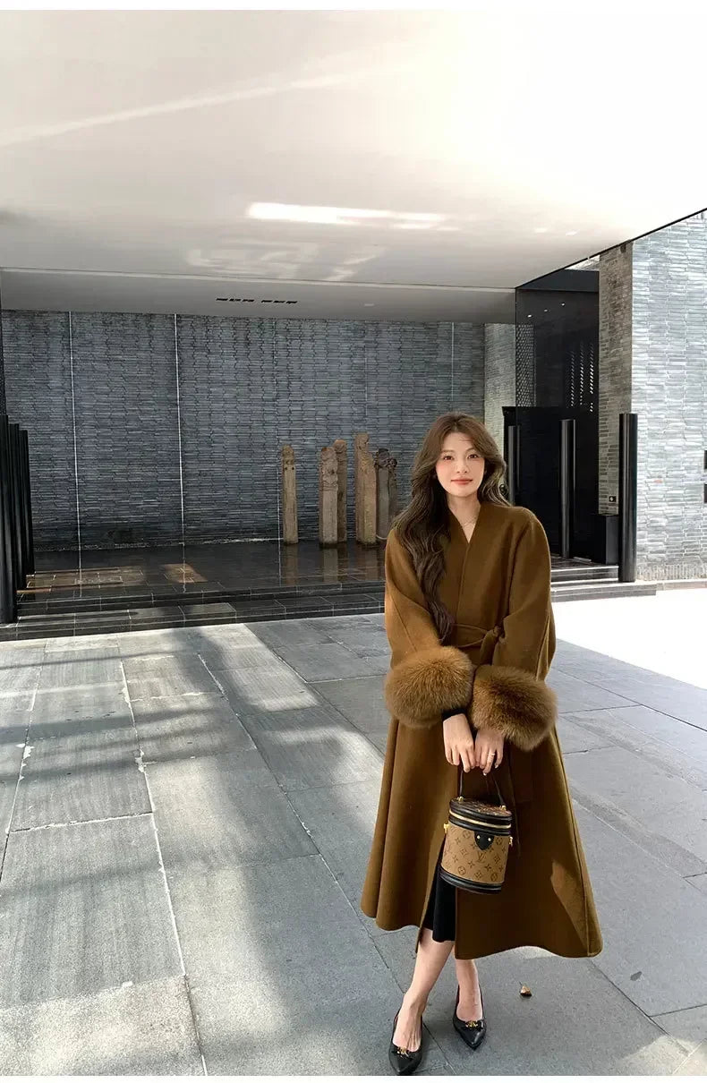 Elegant Warm Woolen Coats Real Fur Jacket with Belt Loose Fashion Outerwears 2024 Women Big Fur Collar Overcoats Female