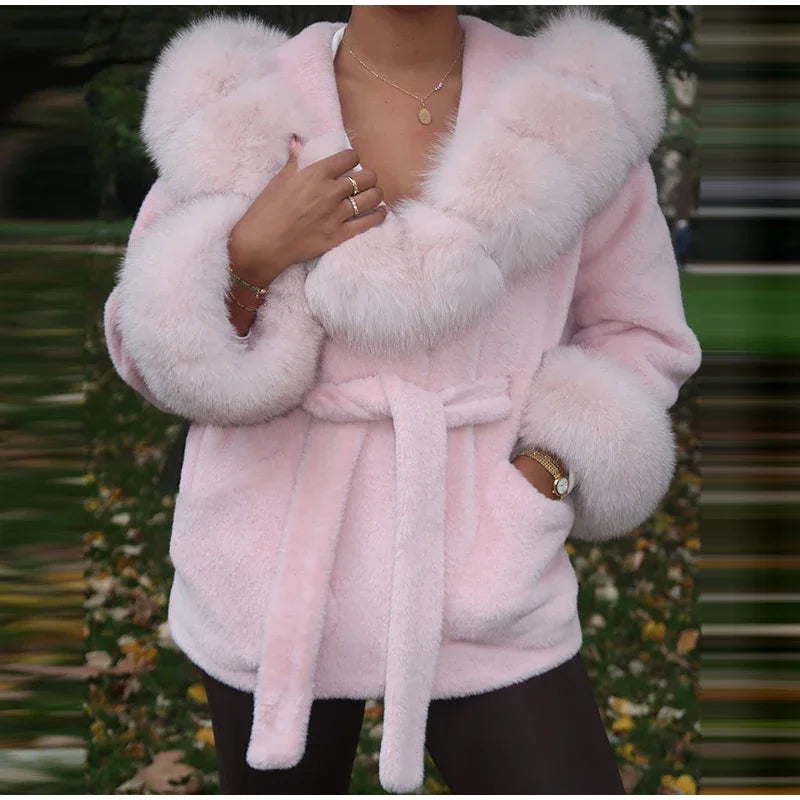 Elegant Hoody Faux Fur Women's Coat Loose Long Sleeve Pocket Warm Thicken Lady Coats 2025 Autumn Winter Chic Lady Streetwear