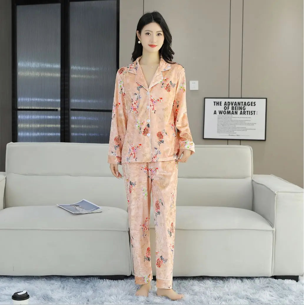 Elegant Women Pajamas 2-Piece Set long sleeved pants Print Velvet Pajamas Homewear Ladies Pajamas Women Sleepwear