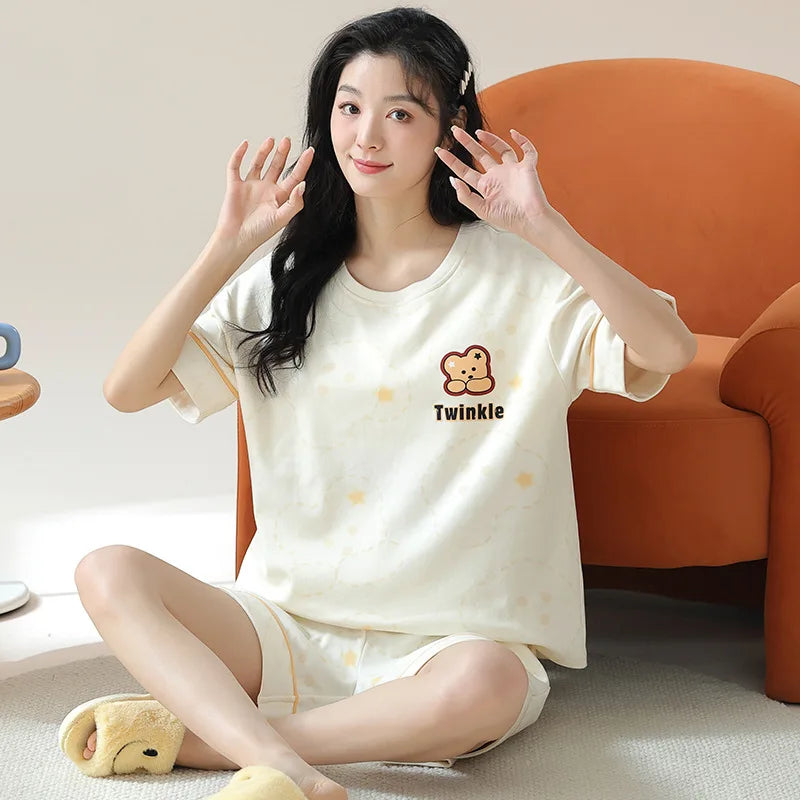 Female Summer Pijamas Short Women Cotton Pajamas Sleeve Shorts Nightwear Sweet Sleepwear Cartoon Pyjamas Woman Home Suit