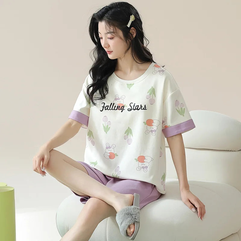 Female Summer Pijamas Short Women Cotton Pajamas Sleeve Shorts Nightwear Sweet Sleepwear Cartoon Pyjamas Woman Home Suit