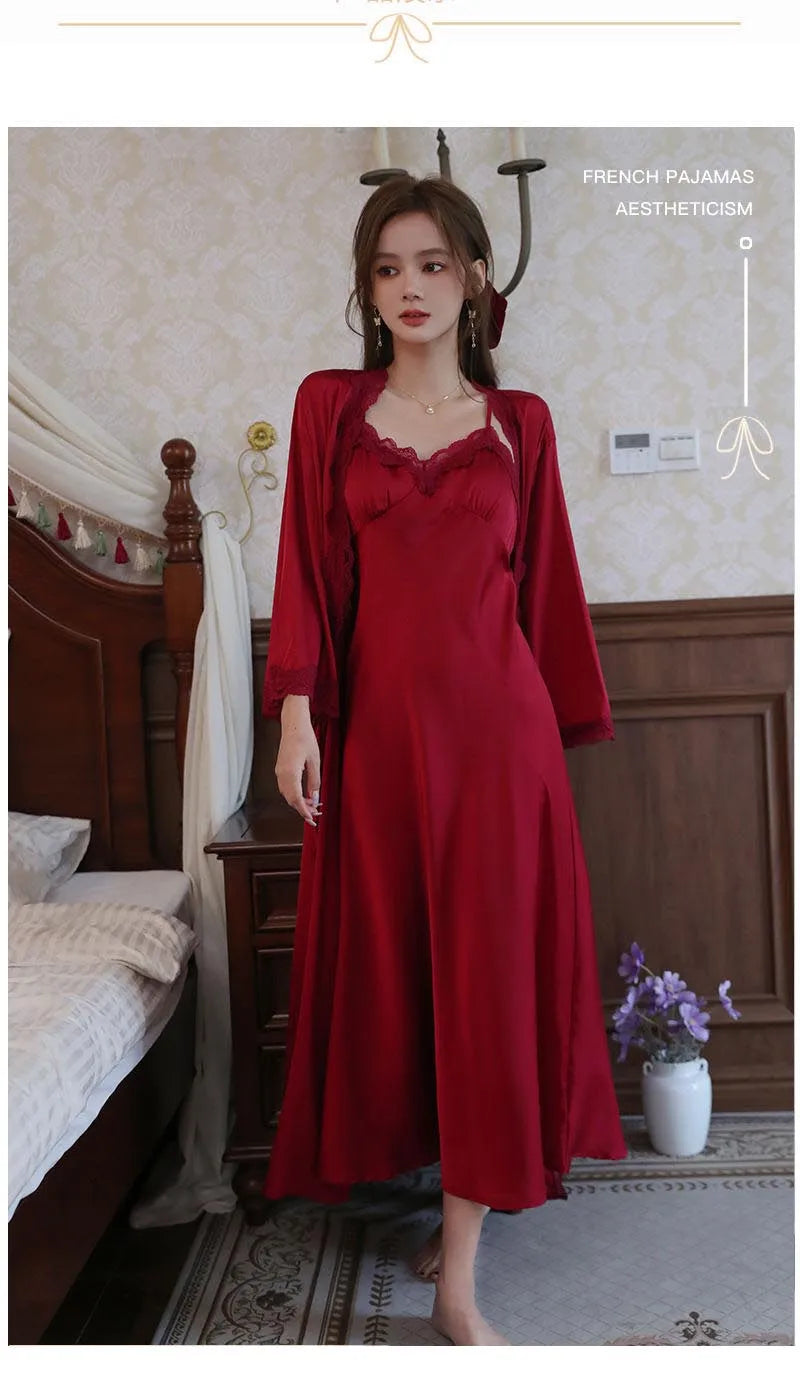 Sexy Ladies Silk Homewear French Pajamas Women's Spring And Fall Senior Ice Silk Extra-long Nightgown Wedding Bride Robe