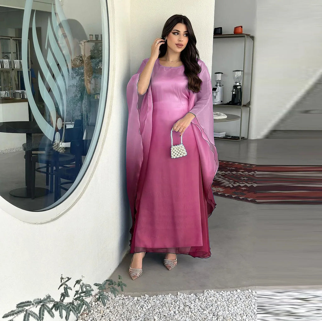 Eid Arab Satin Muslim Party Dress for Women Bat Sleeve Abaya Jalabiya Long Dresses Morocco Kaftan Vestidos Ramadan Gown Robe