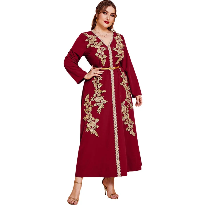 Women Fashion Muslim Embroidery Maxi Dress Belted Kaftan Marocain Abaya Dubai Gown Turkey Femme Caftan Ramadan Eid Jalabiya Robe
