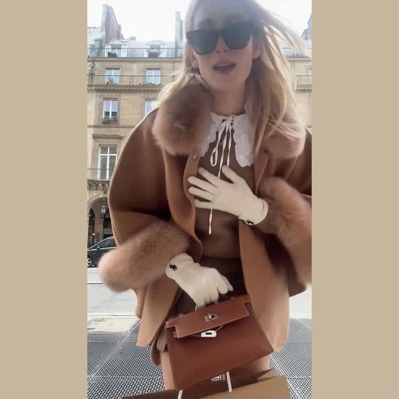Elegant Fur Patchwork Shawl Coat Women Khaki Woolen Long Sleeve Lapel Open Stitch Loose Coats 2025 Fashion Autumn Winter Outwear