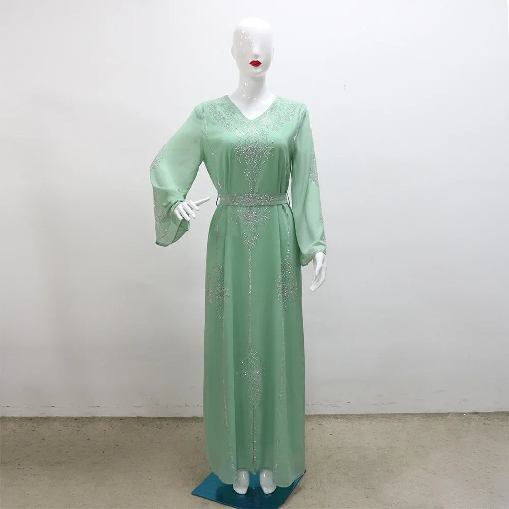 2026 Saudi Arabia Dubai Fashion Diamond Dress Women Muslim Dresses Abaya Chiffon Robe Middle Eastern Women's Clothing Maxi Dress
