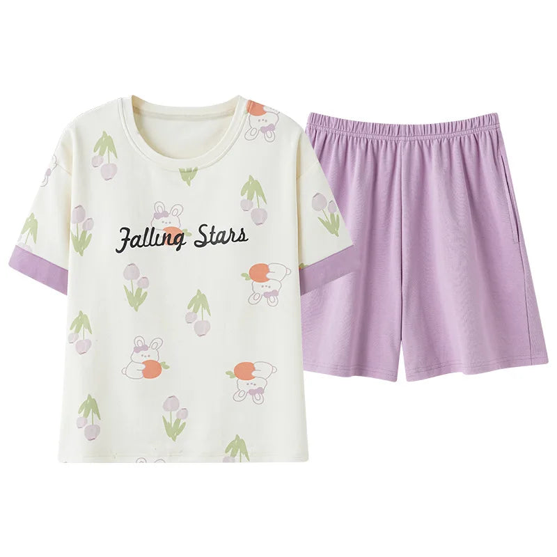 Female Summer Pijamas Short Women Cotton Pajamas Sleeve Shorts Nightwear Sweet Sleepwear Cartoon Pyjamas Woman Home Suit