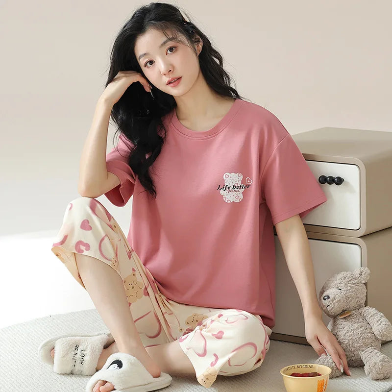 New Summer Pajamas Homewear Suit Women's Short-Sleeved Long Pants Ladies Large Size Loose Leisure Homewear Two-Piece Set