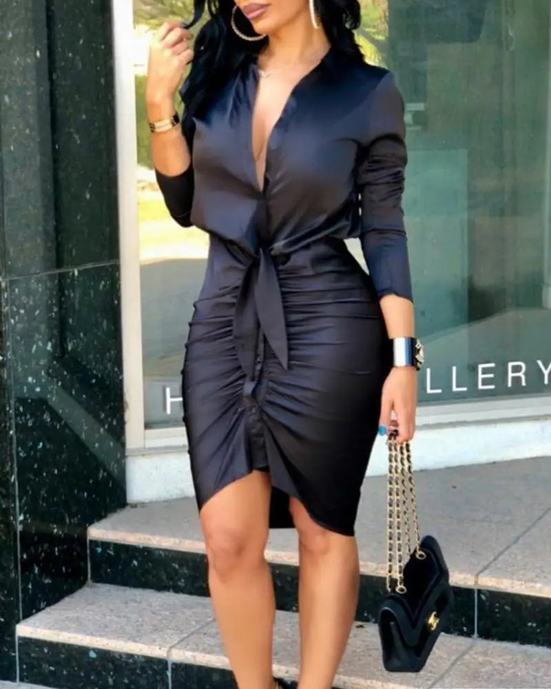 Mid Shirt Dresses for Women Button Down Long Sleeve Pleated Dress Bodycon Ruched Tshirt Dress Party Work Wrap Dress