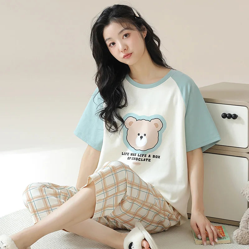 New Summer Pajamas Homewear Suit Women's Short-Sleeved Long Pants Ladies Large Size Loose Leisure Homewear Two-Piece Set
