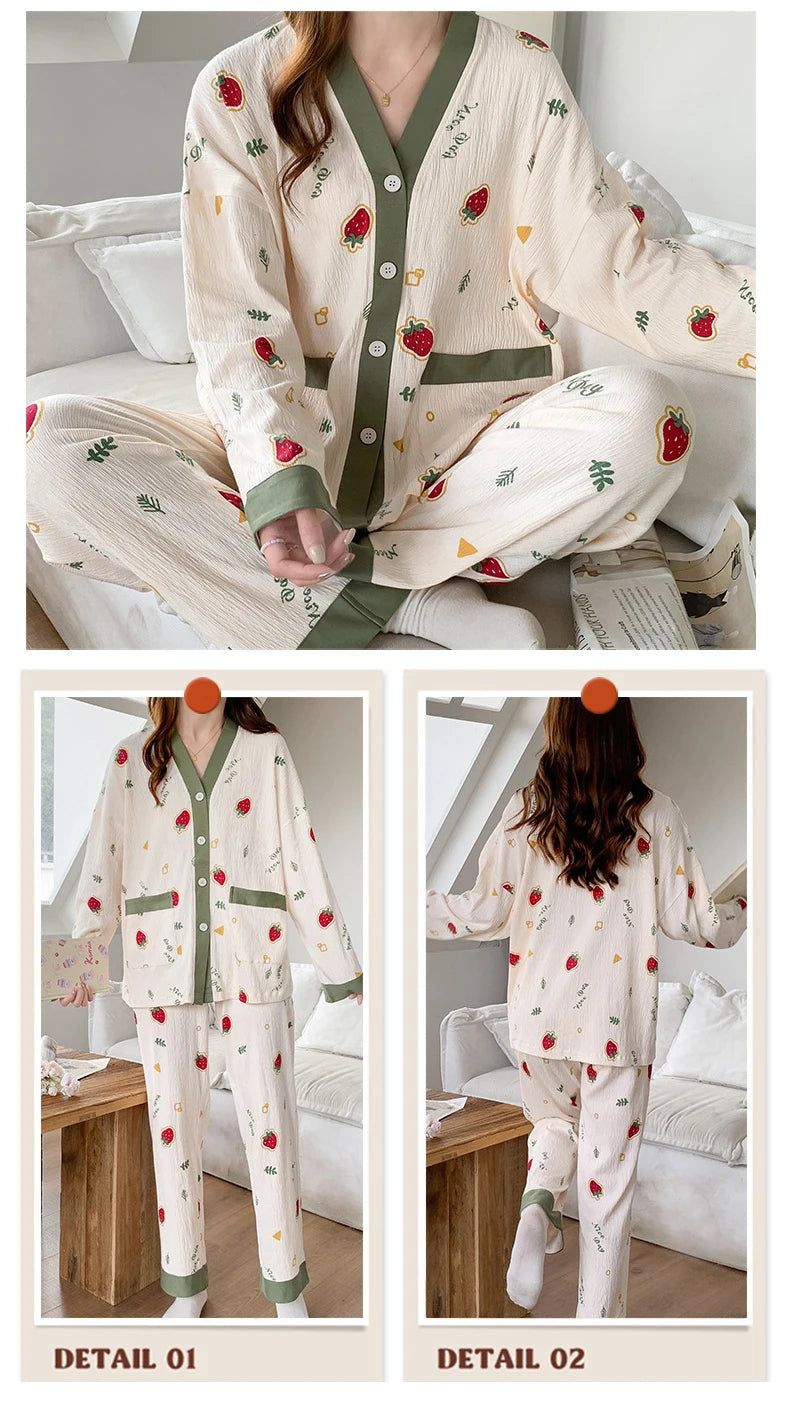 Sexy Pajamas Women's Long-sleeved Cotton Sleepwear Night Gown Home Clothes Pajamas Lounge Wear Loose Suit Home Service