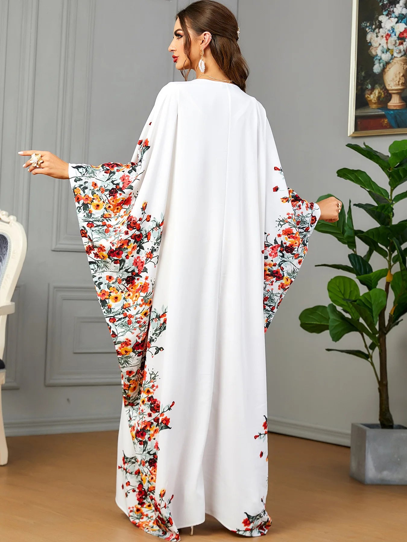 Eid Muslim Party Dress for Women Ramadan Abaya Bat Sleeve Print Long Robe Morocco Kaftan Vestidos Largos Dubai Jalabiya 2024