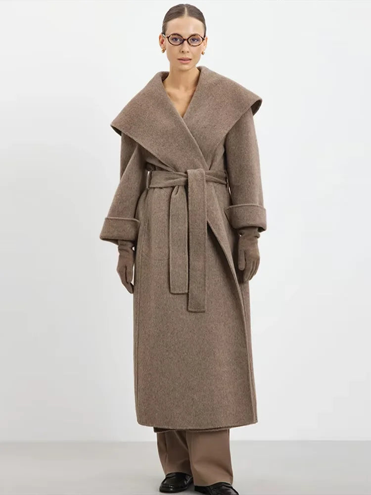 Solid Large Lapel Belted Long Woolen Women Coat Elegant Full Sleeve Lace Up Overcoat  2025 Autumn Winter Wrap Style Outerwear