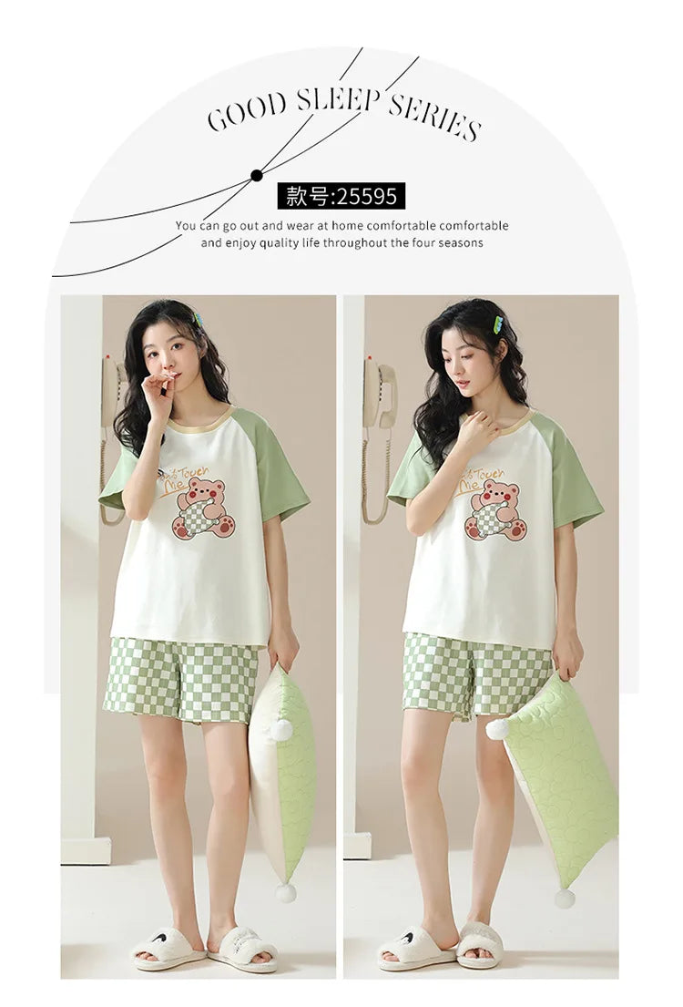 Female Summer Pijamas Short Women Cotton Pajamas Sleeve Shorts Nightwear Sweet Sleepwear Cartoon Pyjamas Woman Home Suit
