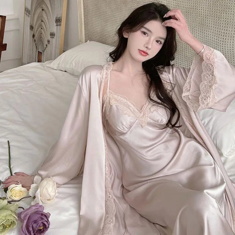 Sexy Ladies Silk Homewear French Pajamas Women's Spring And Fall Senior Ice Silk Extra-long Nightgown Wedding Bride Robe