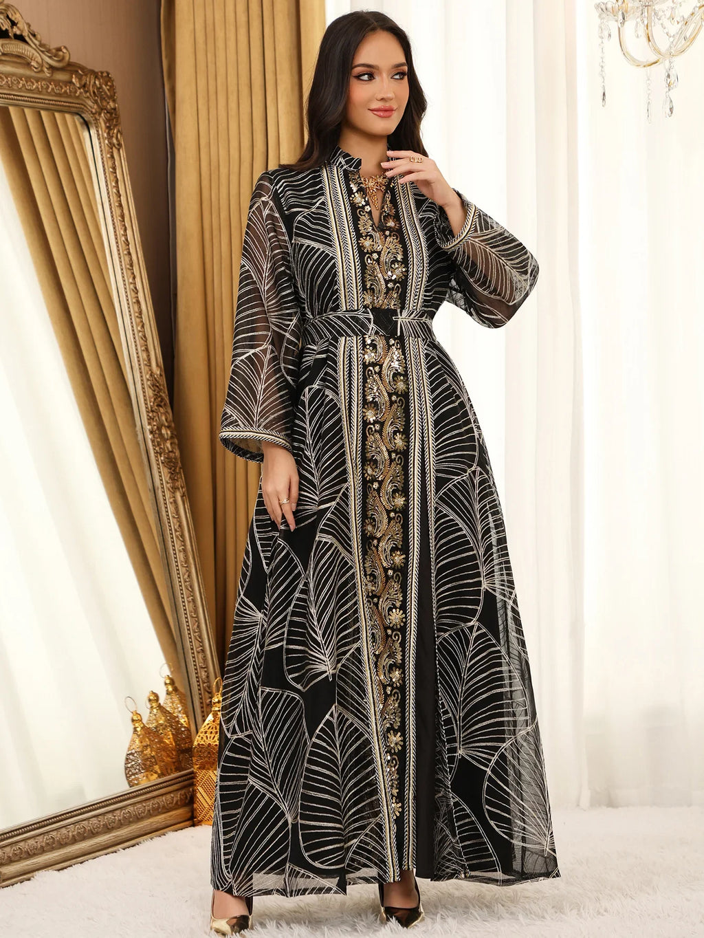 Women Mesh Sequins Dress Elegant Abaya  Eid Party Gorgeous Embroidery Dresses Lace-up Muslim Jalabiya  Vestidos Largos Robe 2025