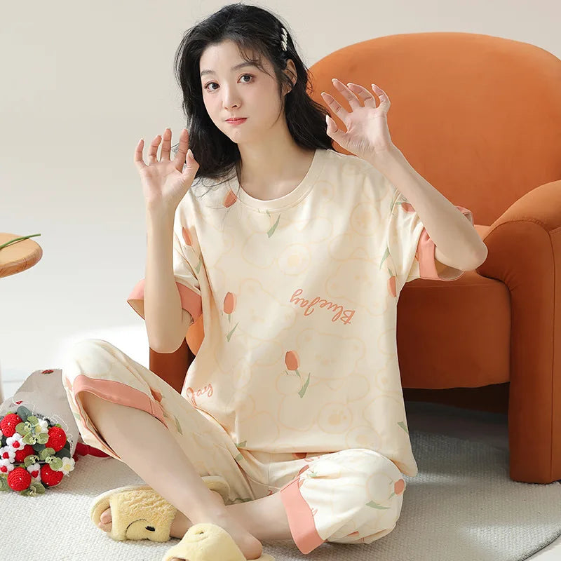 New Summer Pajamas Homewear Suit Women's Short-Sleeved Long Pants Ladies Large Size Loose Leisure Homewear Two-Piece Set