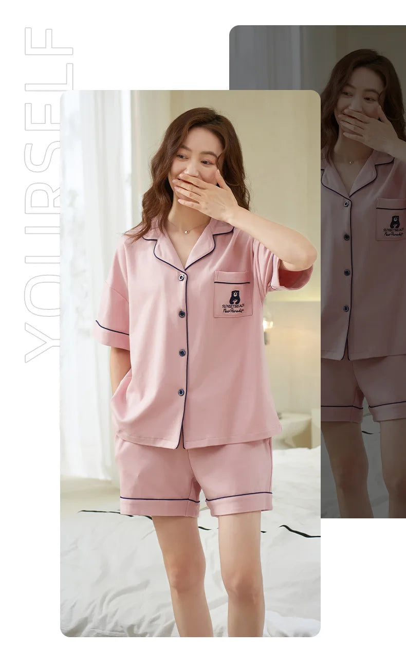 Dropshipping Female Pijamas Cartoon Summer Short Women Pajamas Sleeve Shorts Nightwear Sweet Sleepwear Pyjamas Woman Home Suit