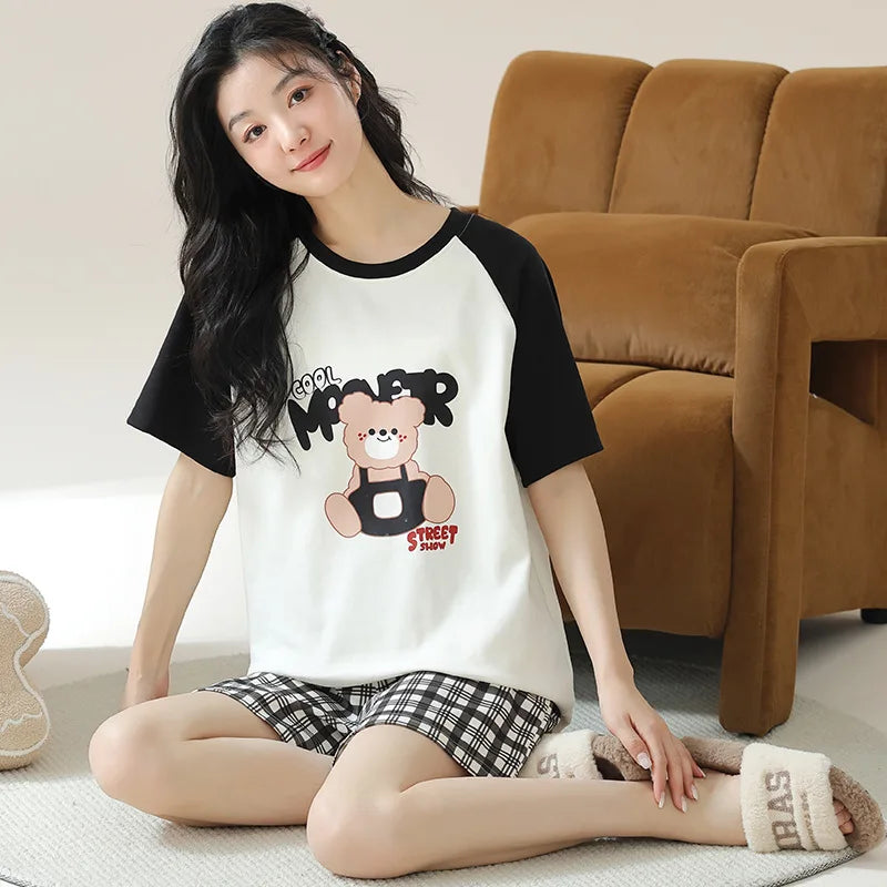 Dropshipping Female Pijamas Cartoon Summer Short Women Pajamas Sleeve Shorts Nightwear Sweet Sleepwear Pyjamas Woman Home Suit