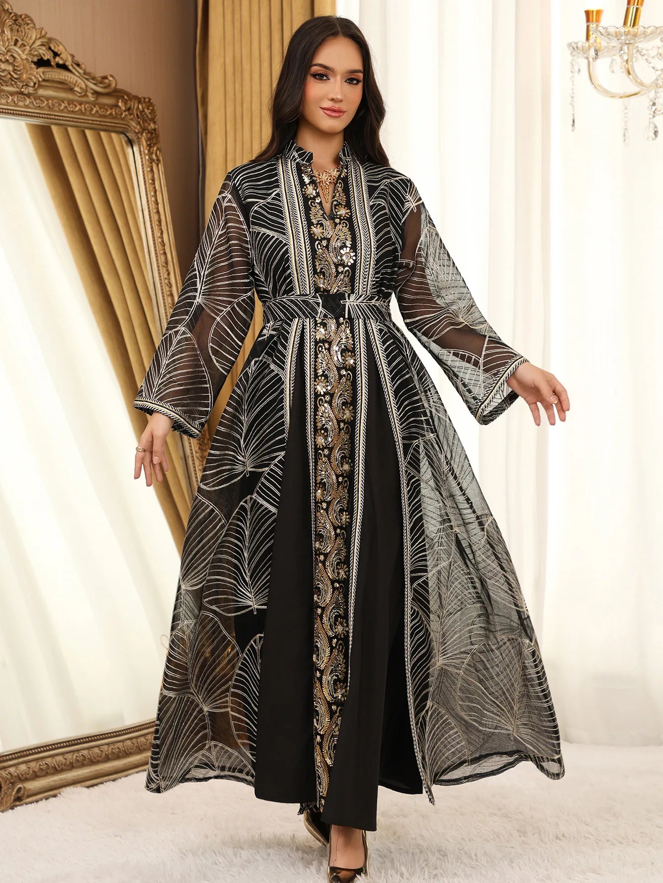 Women Mesh Sequins Dress Elegant Abaya  Eid Party Gorgeous Embroidery Dresses Lace-up Muslim Jalabiya  Vestidos Largos Robe 2025