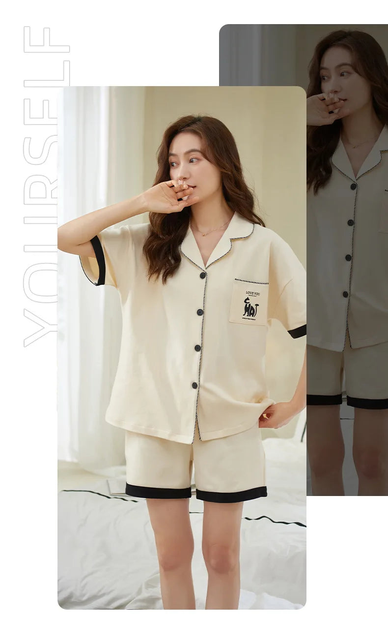 Dropshipping Female Pijamas Cartoon Summer Short Women Pajamas Sleeve Shorts Nightwear Sweet Sleepwear Pyjamas Woman Home Suit