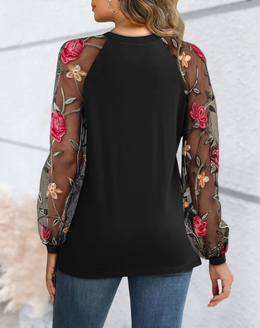 Women's Fashionable Long Sleeve Tops Lace Ruched T-Shirt Waffle Knit Tops Solid Round Neck Blouses Casual Top