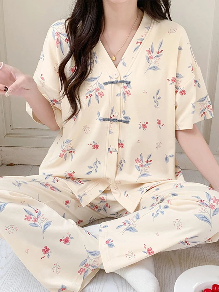 Summer Thin Short-sleeved Cotton Women's Pajama Set Nightwear Long Pants Womens Pajama Sets Sleepwear Lounge Home Fashion