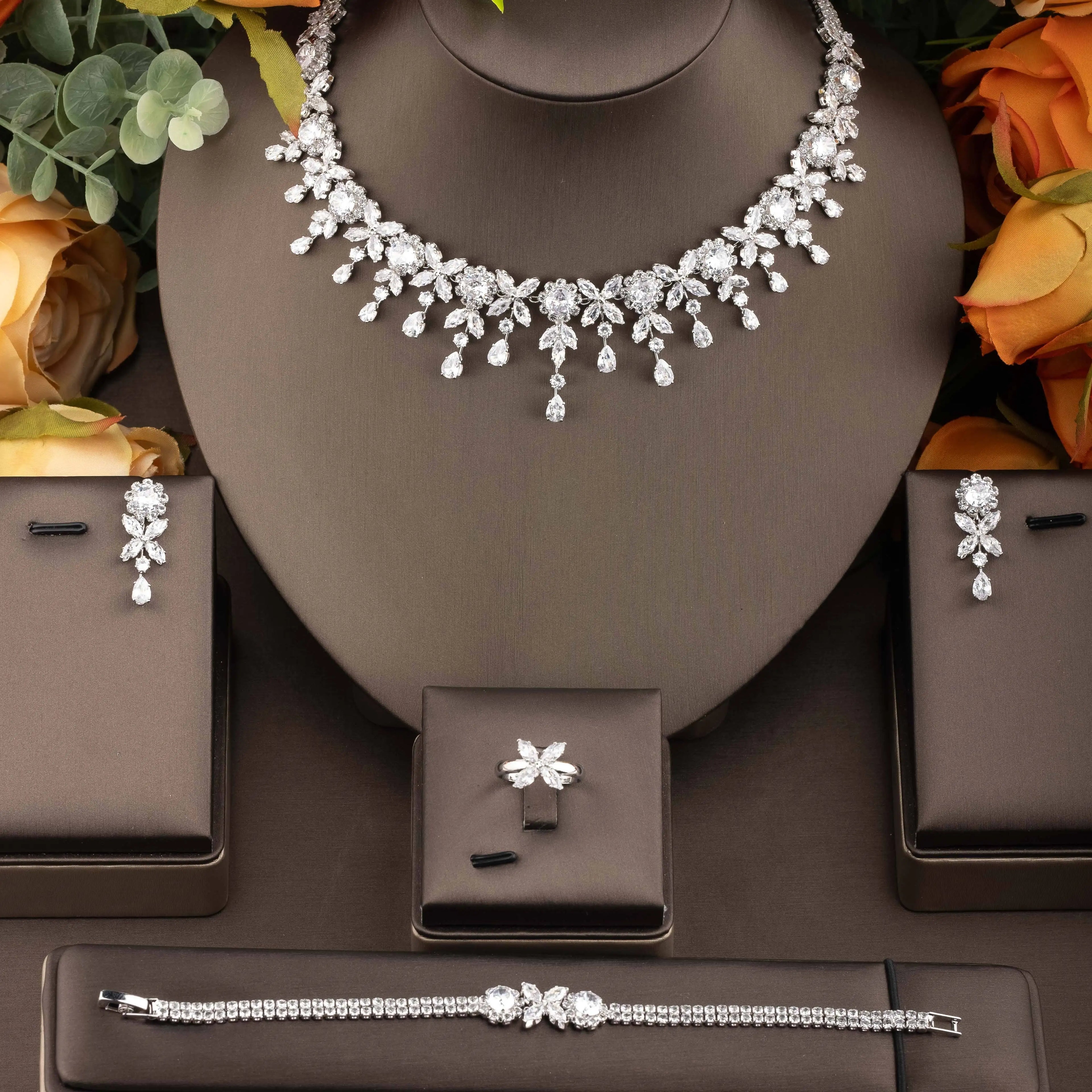 Fashion Cubic Zircon Leaf Pendant Necklace and Earrings Set 4PCS Bridal Wedding Jewelry Set for Women Gifts Bijoux  S-353