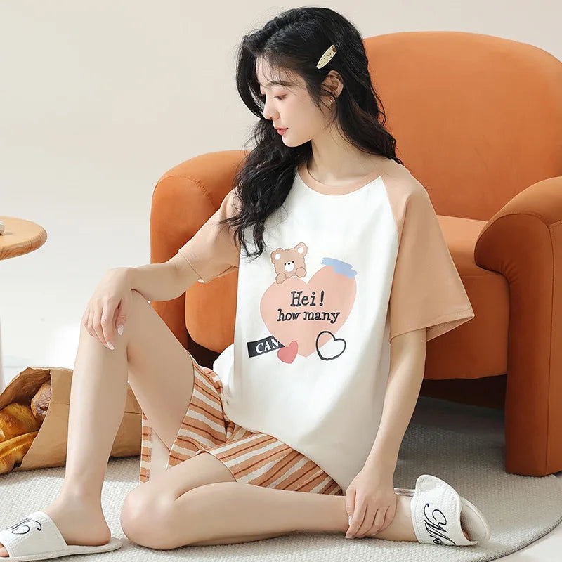 Female Summer Pijamas Short Women Cotton Pajamas Sleeve Shorts Nightwear Sweet Sleepwear Cartoon Pyjamas Woman Home Suit