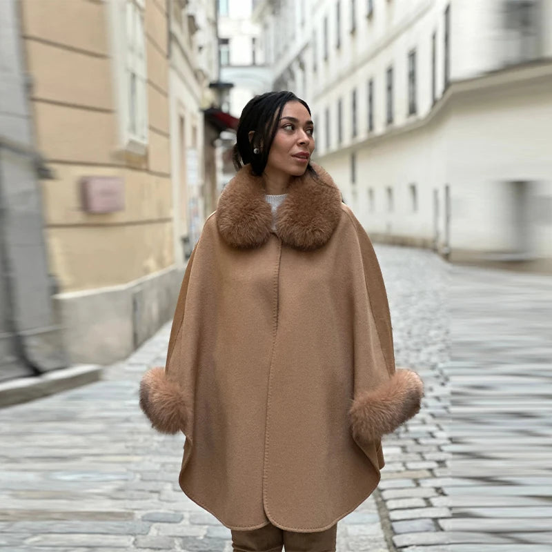 Elegant Fur Patchwork Shawl Coat Women Khaki Woolen Long Sleeve Lapel Open Stitch Loose Coats 2025 Fashion Autumn Winter Outwear