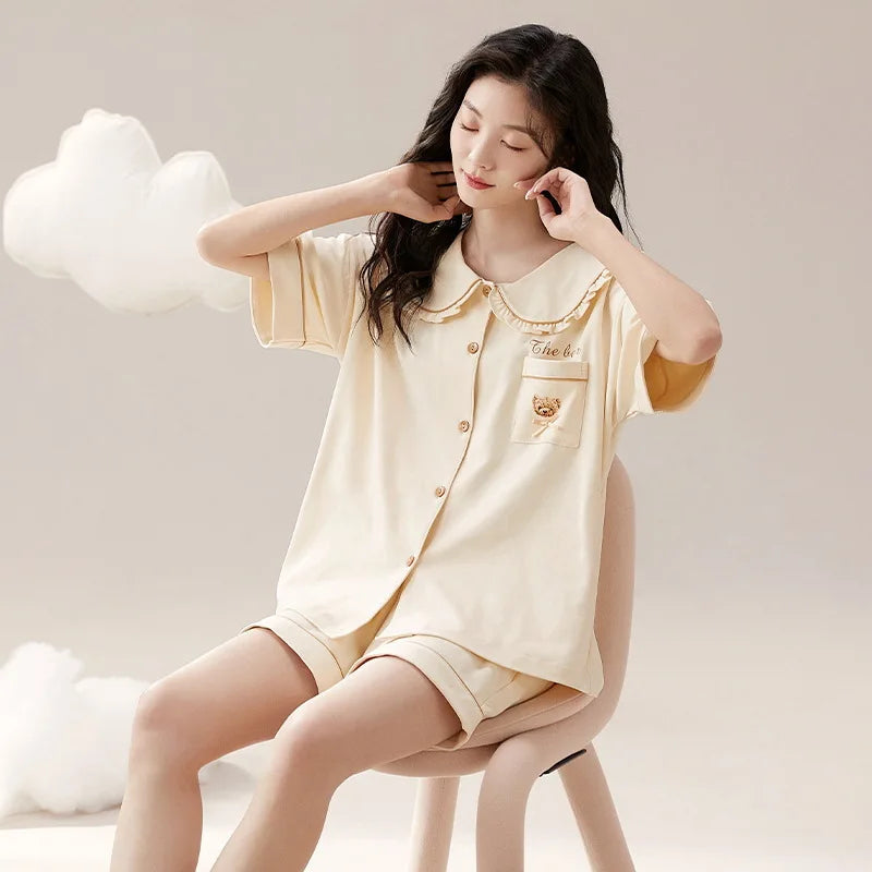 Dropshipping Female Pijamas Cartoon Summer Short Women Pajamas Sleeve Shorts Nightwear Sweet Sleepwear Pyjamas Woman Home Suit
