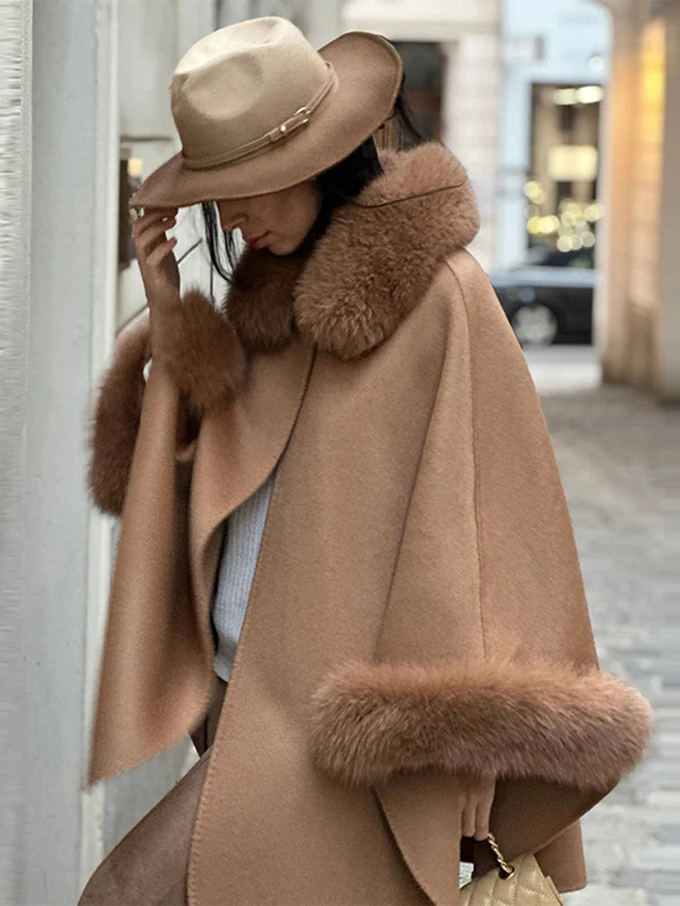 Elegant Fur Patchwork Shawl Coat Women Khaki Woolen Long Sleeve Lapel Open Stitch Loose Coats 2025 Fashion Autumn Winter Outwear
