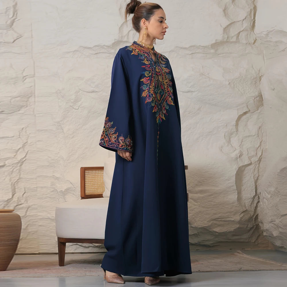 Uni Embroidery V-Neck Long Dress Dubai Arab Abaya For Muslim Woman Loose Moroccan Saudi Ethnic Jalabiya Fashion Robe 2026